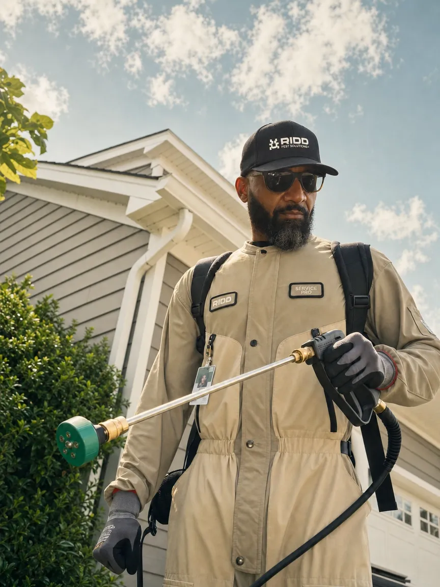 RIDD technician in branded service uniform with backpack sprayer, ready to treat a Detroit-area home